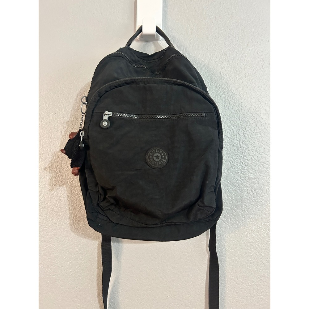 Kipling Seoul Small Backpack Black Crinkle Nylon Bookbag with Monkey Keychain